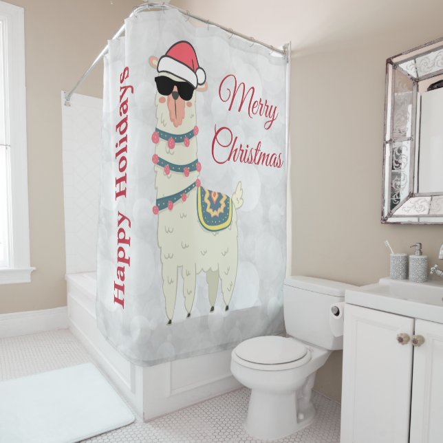 Cool Llama in Santa Hat and Sunglasses Shower Curtain (In Situ)