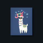 Cool Llama in Santa Hat with Snowflakes Christmas Canvas Print<br><div class="desc">Gallery wrapped canvas with a funny illustration. A cute llama wearing black sunglasses and a red santa hat. Also wearing a South American styled blanket and pom-poms. The word Joy written above his head in a festive colourful font. Blue snowflakes falling down. Set on a blue background. Whimsical and fun...</div>