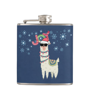 Cool Llama in Santa Hat with Snowflakes Christmas Hip Flask