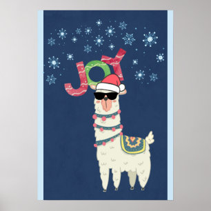 Cool Llama in Santa Hat with Snowflakes Christmas Poster