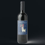 Cool Llama in Santa Hat with Snowflakes Christmas Wine Label<br><div class="desc">Wine labels with a funny illustration. A cute llama wearing black sunglasses and a red santa hat. Also wearing a South American styled blanket and pom-poms. The word Joy written above his head in a festive colourful font. Blue snowflakes falling down. Set on a blue background. Whimsical and fun Christmas...</div>