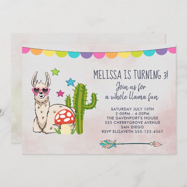 Cool llama in Sunglasses Birthday Invitation (Front/Back)