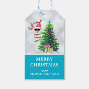 Cool Llama on Silver Bokeh & Icy Blue Christmas Gift Tags