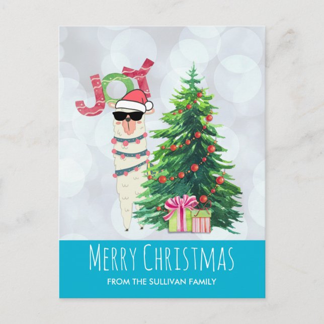 Cool Llama on Silver Bokeh & Icy Blue Christmas Postcard (Front)