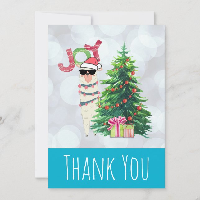 Cool Llama on Silver Bokeh & Icy Blue Thank You Card (Front)