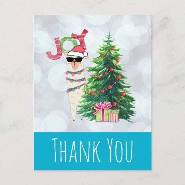 Cool Llama on Silver Bokeh & Icy Blue Thank You Postcard (Front)