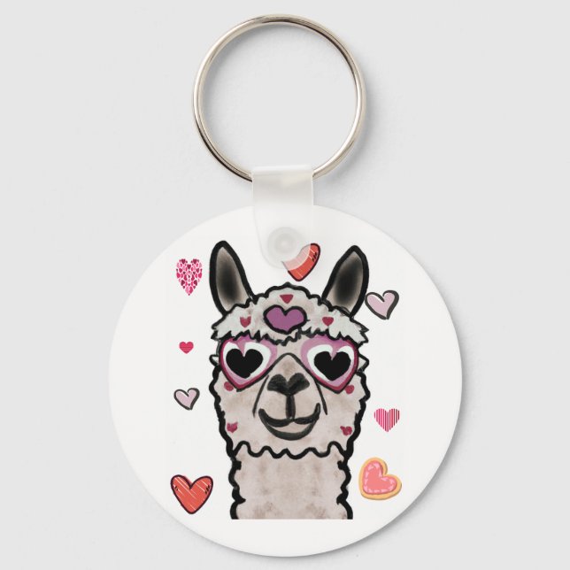 Cool Llama with Heart Glasses Key Ring (Front)
