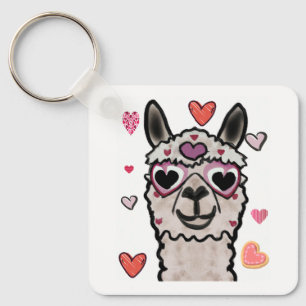 Cool Llama with Heart Glasses Key Ring