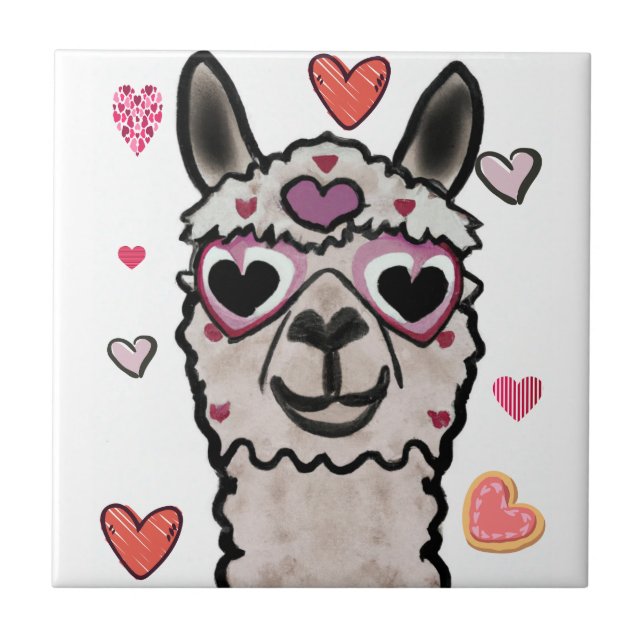 Cool Llama with Heart Glasses Tile (Front)