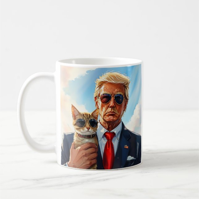 Cool MAGA Cat TRUMP Holding a Cat cute Sunglasses Coffee Mug (Left)