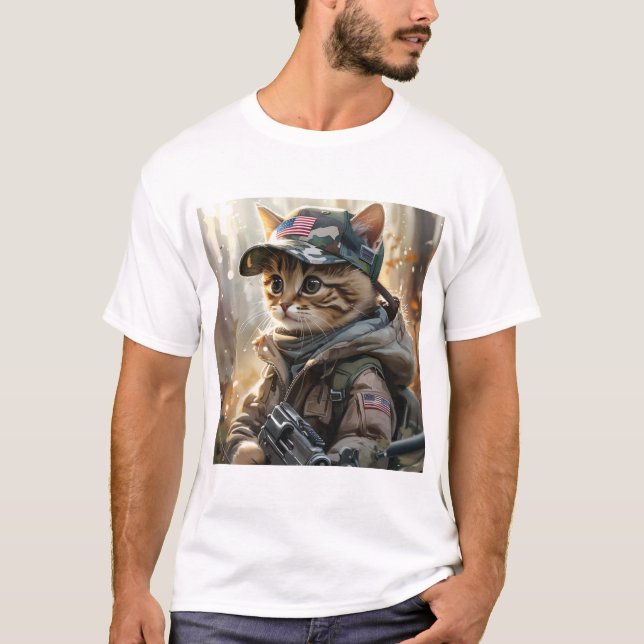 Cool MAGA Cat with Gun and Camouflage Cute AMERICA T-Shirt (Front)