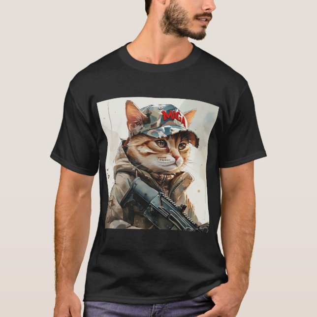 Cool MAGA Cat with Gun and Camouflage Cute T-Shirt (Front)
