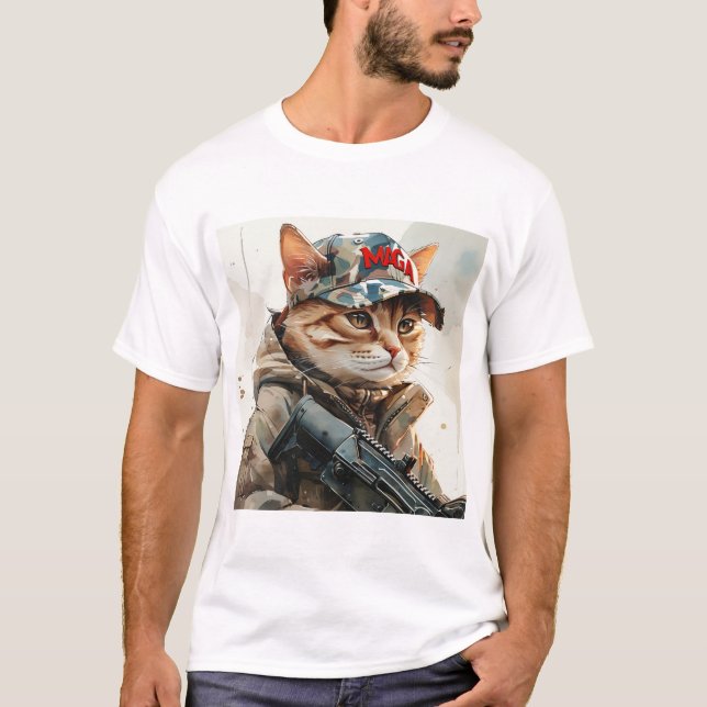 Cool MAGA Cat with Gun and Camouflage Cute T-Shirt (Front)