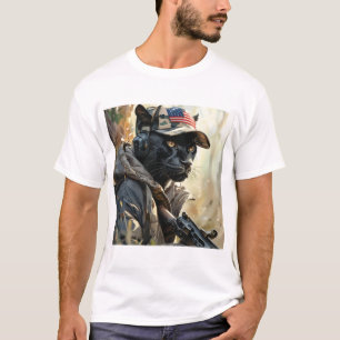Cool MAGA Cat with Gun & Camouflage BLACK PANTHER T-Shirt