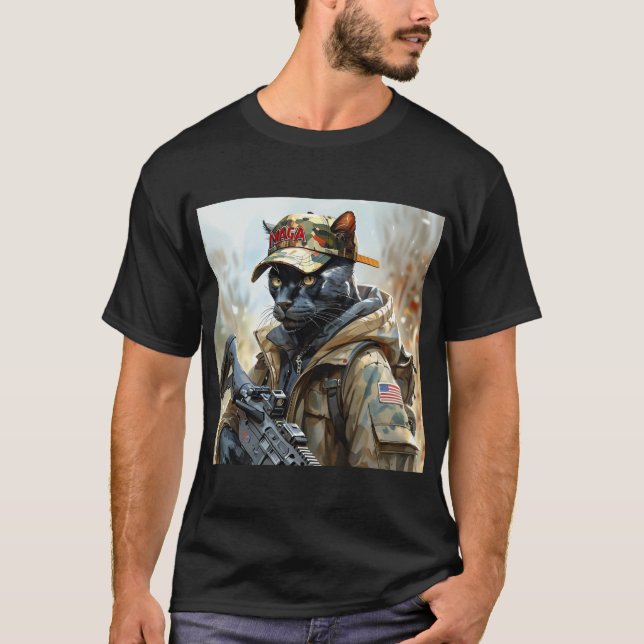 Cool MAGA Cat with Gun & Camouflage BLACK PANTHER T-Shirt (Front)