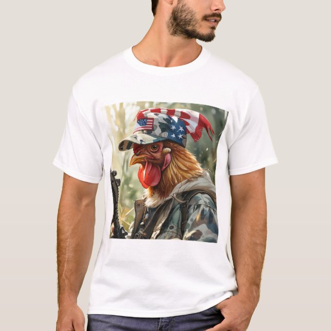 Cool MAGA Chicken with Gun Camouflage Cap Rooster T-Shirt (Front)