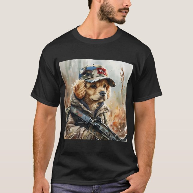 Cool MAGA Dog with Gun and Camouflage Cute puppy T-Shirt (Front)