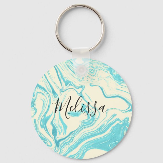Cool Marble Design in Turquoise and Cream Key Ring (Front)