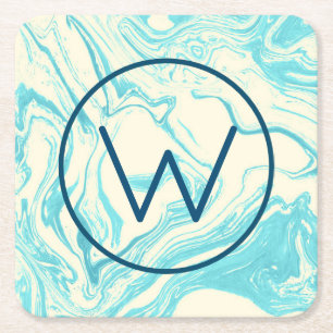 Cool Marble Design in Turquoise and Cream Monogram Square Paper Coaster