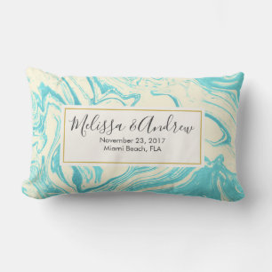 Cool Marble Design in Turquoise and Cream Wedding Lumbar Cushion
