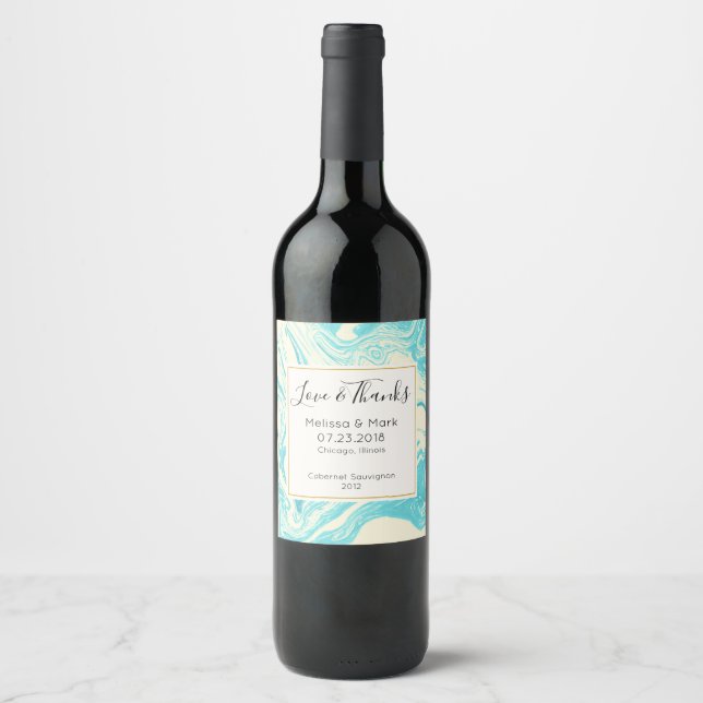 Cool Marble Design in Turquoise and Cream Wedding Wine Label (Front)