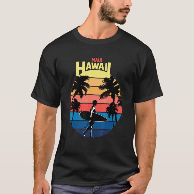 Cool Maui Hawaii Retro Sunset With Palm Tree Surfi T-Shirt (Front)