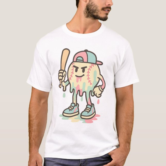 Cool Melting Baseball Mascot with Bat Funny T-Shirt (Front)