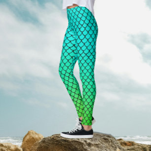 Cool Mermaid Aqua Blue Gradient Fish Scale Pattern Leggings