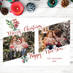 Cool Merry Christmas Calligraphy Holly 2-Photo  Holiday Card