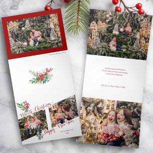 Cool Merry Christmas Calligraphy Holly 2-Photo  Tri-Fold Holiday Card