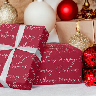 Cool Merry Christmas script font white red pattern Wrapping Paper