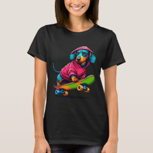 Cool Miniature Dachshund Dog Skateboarding Illustr T-Shirt