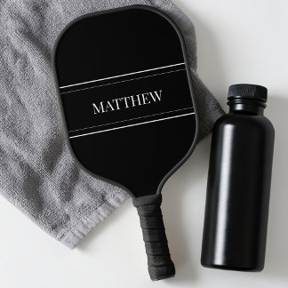 Cool Minimalist Black and White Stripe Simple Name Pickleball Paddle