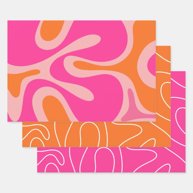 Cool Modern Abstract Patterns in Hot Pink & Orange Wrapping Paper Sheet (Set)