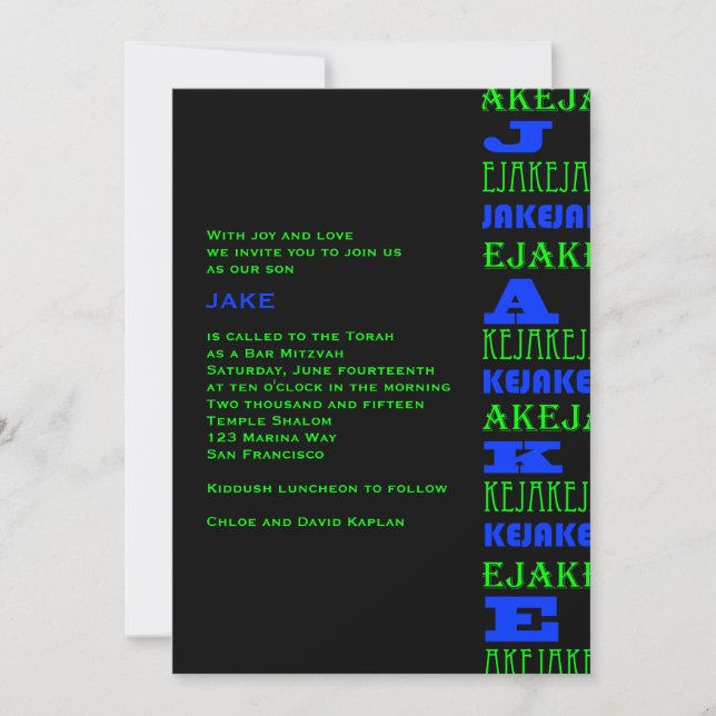 Cool Modern Bar Mitzvah Invitation Black Blue (Front)