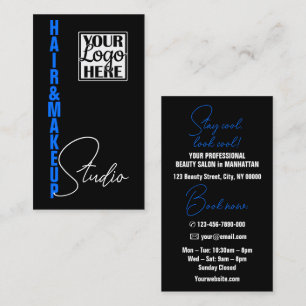 Cool Modern Black Blue Logo and Photo Typography Business Card