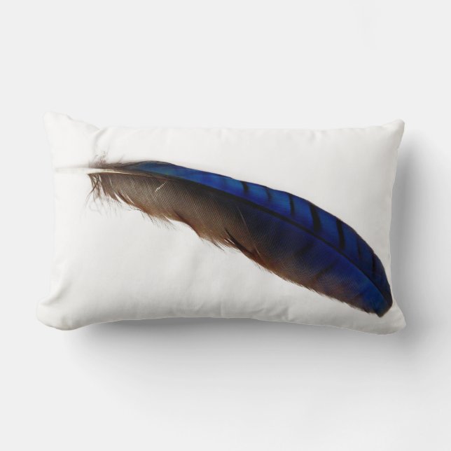 Cool modern blue feather on white lumbar cushion (Front)