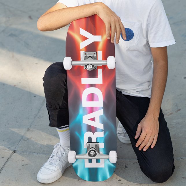 Cool Modern Blue Red Fire Trendy Custom Name Skateboard (Creator Uploaded)