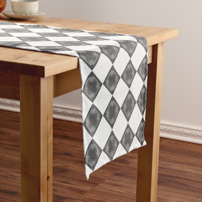 Cool Modern Boho Black and White Pattern Rhombus Short Table Runner (In Situ)