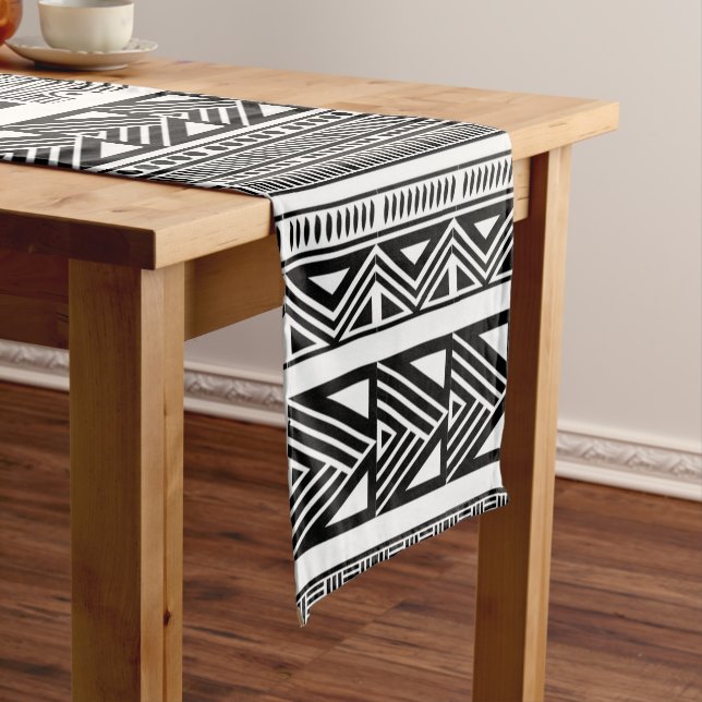 Cool Modern Boho Black and White Pattern Strips Short Table Runner (In Situ)