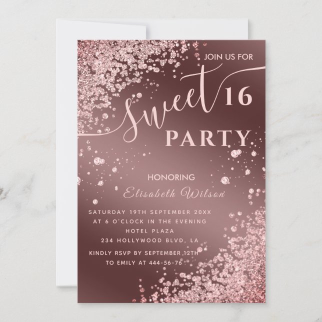 Cool modern diamond luxury rose gold sweet 16 invitation (Front)