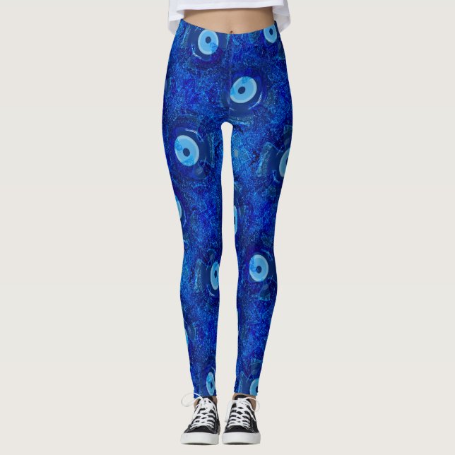 Cool, modern digital art of blue evil eye pattern leggings (Front)