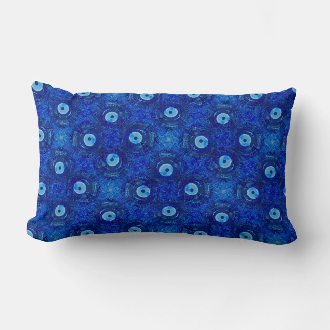 Cool, modern digital art of blue evil eye pattern lumbar cushion (Front)