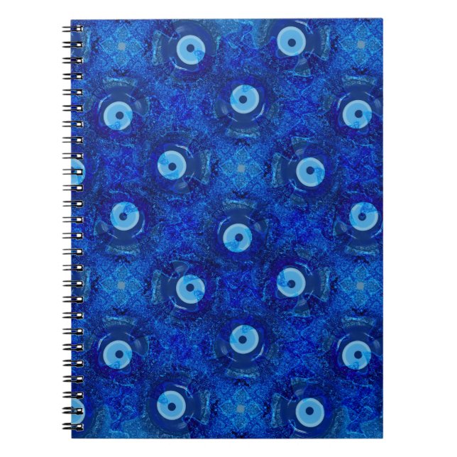 Cool, modern digital art of blue evil eye pattern notebook (Front)