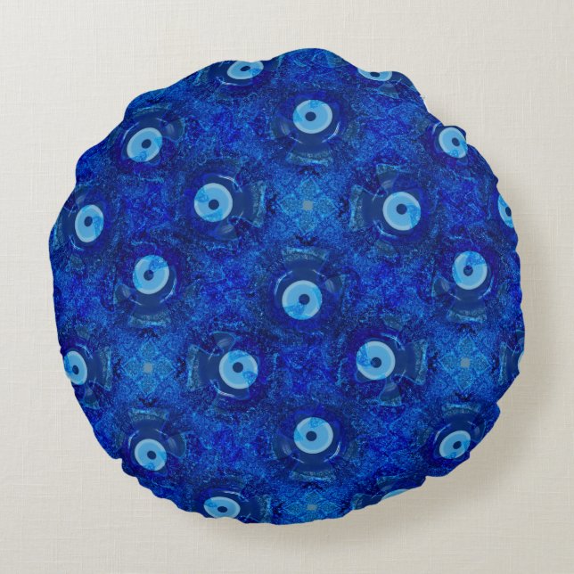 Cool, modern digital art of blue evil eye pattern round cushion (Back)