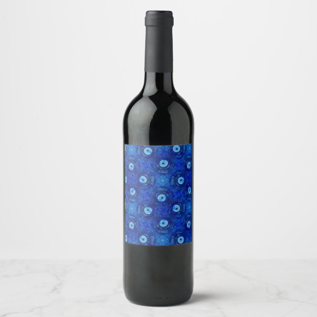 Cool, modern digital art of blue evil eye pattern wine label (Front)