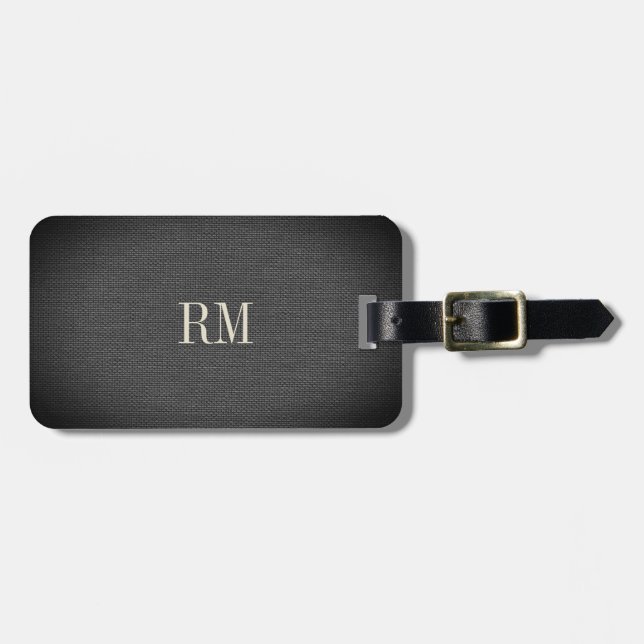 Cool Modern Elegant Black Linen Monogram Address Luggage Tag (Front Horizontal)