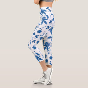 Cool Modern Elegant Blue Floral Toile  Capri Leggings