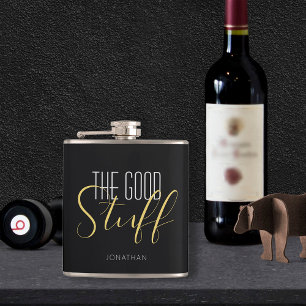 Cool Modern Elegant Good Stuff Gold Black Name Hip Flask