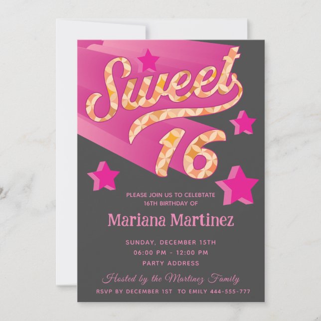 Cool modern funky super star typography pink  invitation (Front)